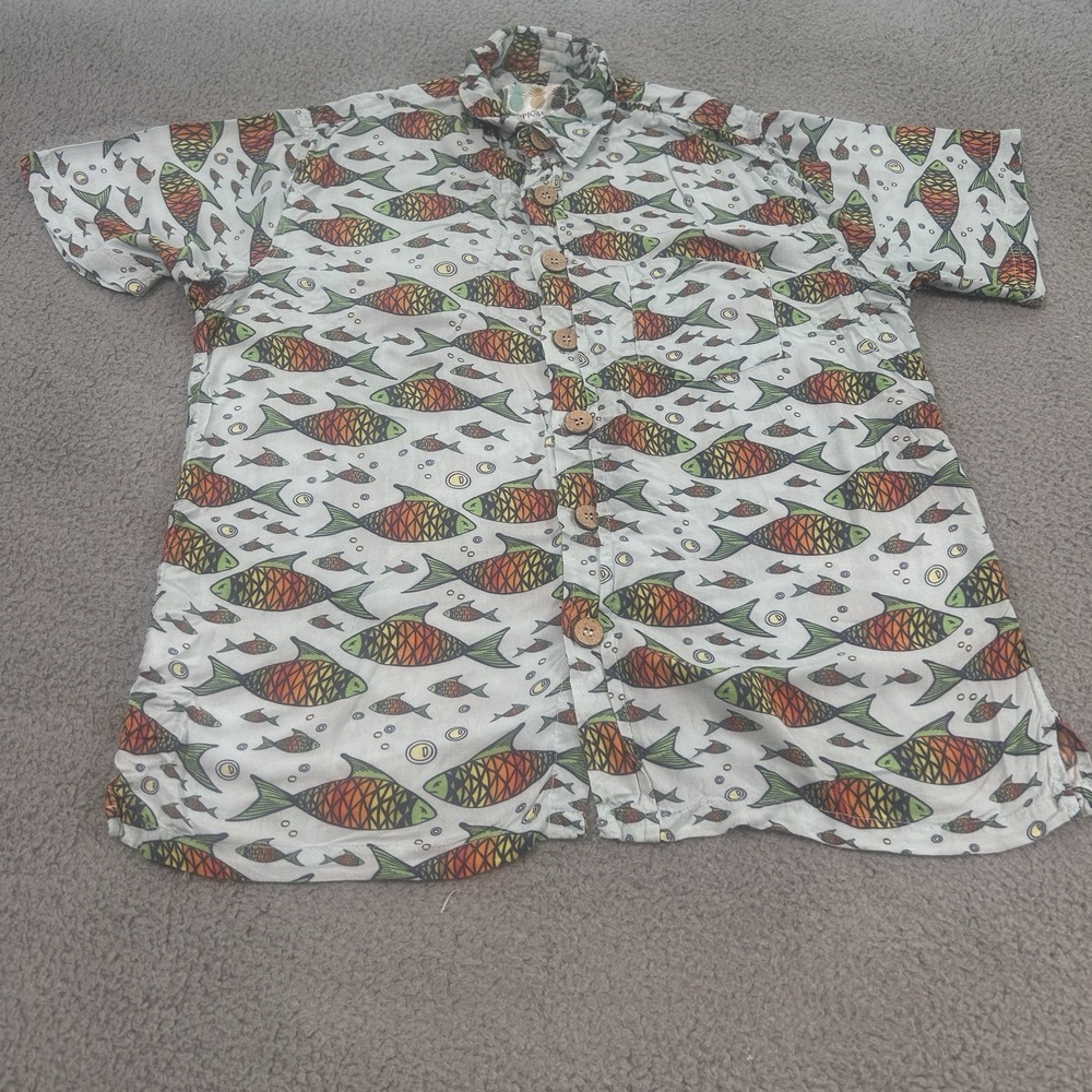 Tropical Bros Shirt Mens Medium Fish Print Blue Short Sleeve Button Up Beach Fun